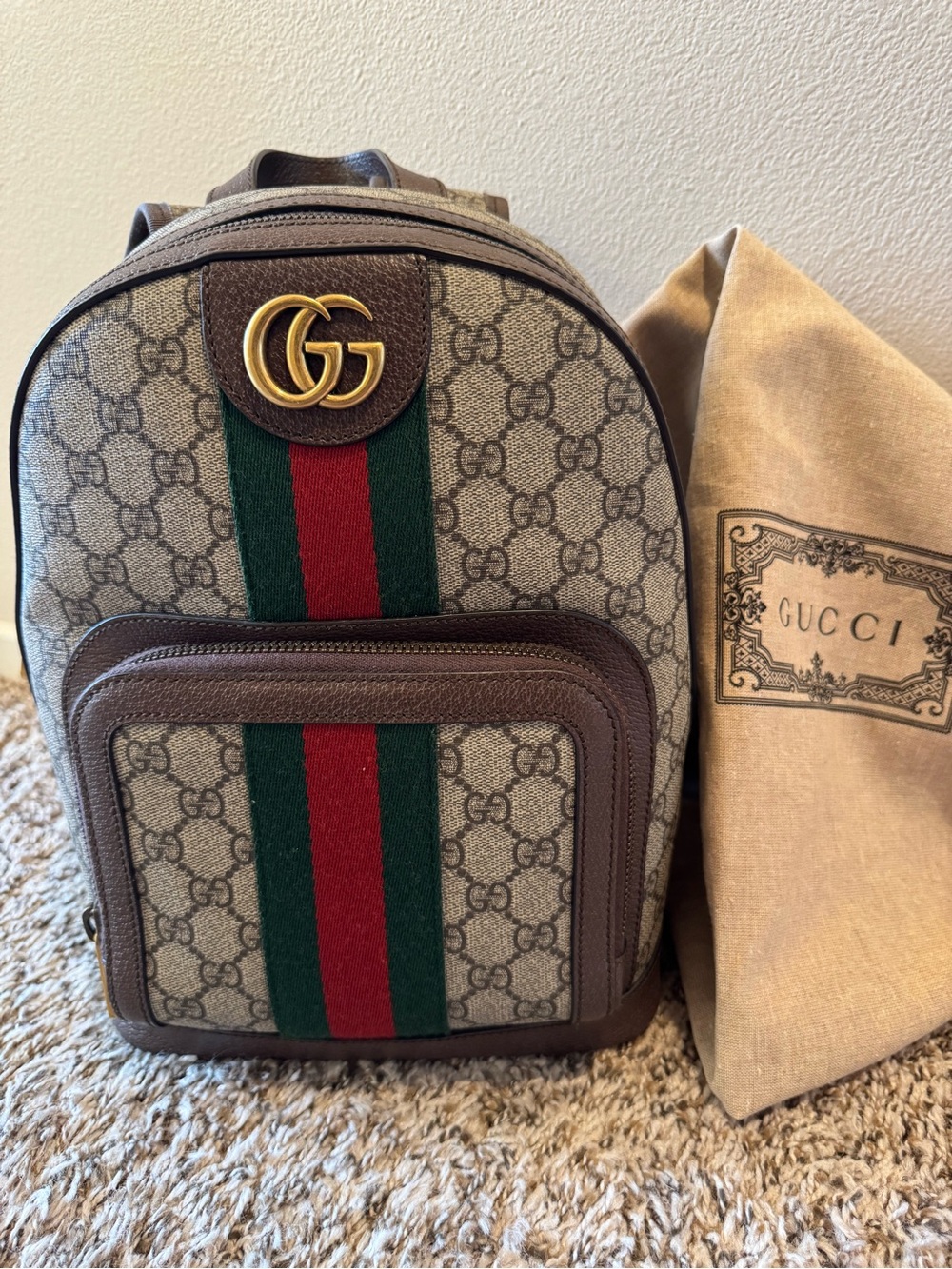 Gucci GG Supreme Ophidia Small Backpack Beige/Brown with Iconic Green & Red Web - Picture 3 of 16